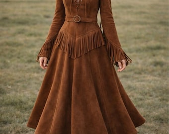 Bruine suèdeleren western midi-jurk met franje en riem, outfit in cowgirlstijl