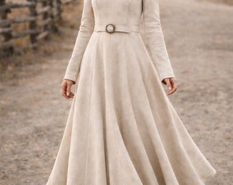 Women’s Cream Suede Leather Midi Dress Long Sleeve Belted Western Style Elegant Suede Outfit
