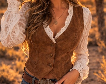 Chaleco de ante marrón, chaleco vintage estilo vaquera occidental con botones, atuendo bohemio
