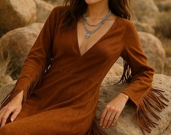 Suède damesjurk met franje cowgirl boho maxi-jurk, leren westernkleding, rodeo-outfit