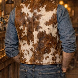 May include: A brown and white cowhide vest. The vest is worn over a denim shirt and blue jeans. The vest has a classic western style, with a natural pattern and texture.