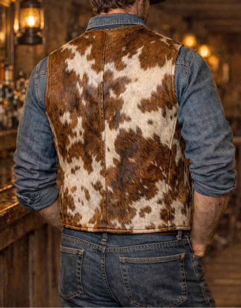 May include: A brown and white cowhide vest. The vest is worn over a denim shirt and blue jeans. The vest has a classic western style, with a natural pattern and texture.