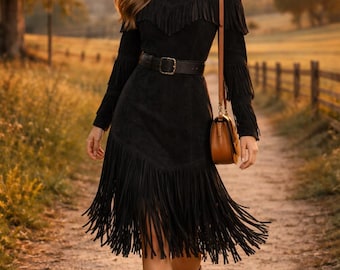 Vestido midi de cuero negro con flecos, estilo vaquera del oeste, conjunto bohemio de manga larga.