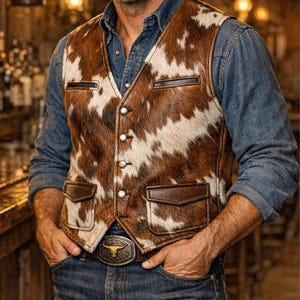 May include: A brown and white cowhide vest with leather trim and pockets. The vest has silver buttons and is worn over a denim shirt. A silver belt buckle with a bull design is visible.