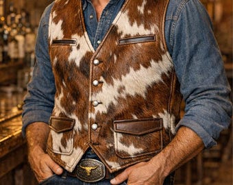 Men’s Western Cowhide Leather Vest Genuine Cowboy Vest Handmade Vintage Ranch Style Waistcoat