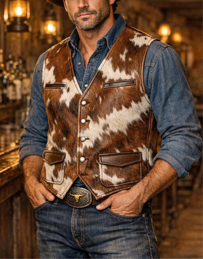 May include: A brown and white cowhide vest with leather trim and pockets. The vest has silver buttons and is worn over a denim shirt. A silver belt buckle with a bull design is visible.