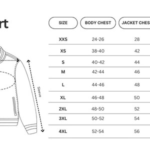 May include: A black and white size chart for men's jackets. The chart includes measurements for body chest, jacket chest, and sleeve length, with sizes ranging from XXS to 4XL. A diagram of a jacket illustrates the measurement points.