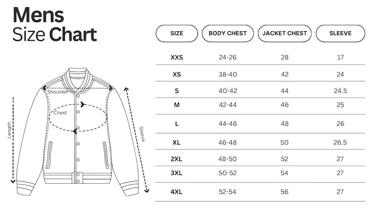 May include: A black and white size chart for men's jackets. The chart includes measurements for body chest, jacket chest, and sleeve length, with sizes ranging from XXS to 4XL. A diagram of a jacket illustrates the measurement points.