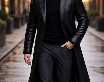 Gabardina negra de cuero genuino para hombre, abrigo largo clásico, chaqueta de invierno a medida.