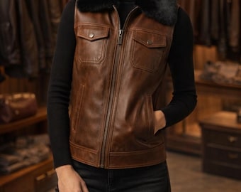 Chaleco de cuero marrón para mujer, cuello de piel negra, chaqueta estilo motero auténtica