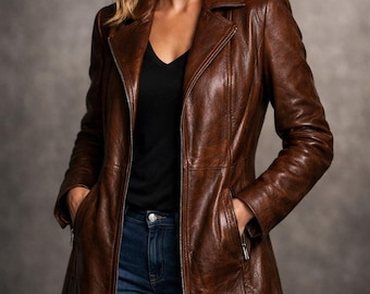 Women’s Brown Long Coat Genuine Leather Jacket for Women Handmade Trench Style Coat