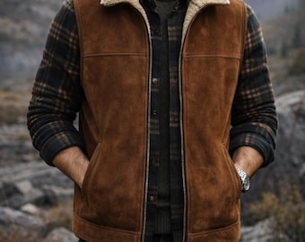 Chaleco de cuero para hombre, forrado con borrego y gamuza marrón, chaleco resistente para exteriores.