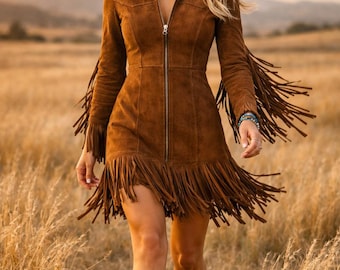 Vestido de gamuza marrón con flecos, minivestido de vaquera estilo western, conjunto de estilo bohemio campestre.