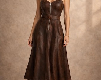 Vestido midi de cuero marrón, estilo western vintage con cinturón