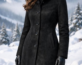 Abrigo de invierno de ante negro auténtico para mujer, elegante abrigo largo a medida.
