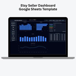 May include: A laptop displays an Etsy Seller Dashboard Google Sheets Template. The screen shows various charts and data visualizations in blue, green, and orange against a dark background. The title "Etsy Seller Dashboard" is at the top.
