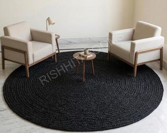Black Braided Jute Round Rug,Boho Decor kitchne living room Rug,Rustic Area Custom Size Natural Fiber Carpet