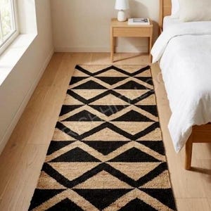 Schwarzer Geometrischer Hanf Jute Teppich, Handgewebter Natürlicher Boho Bauernhaus Teppich in Benutzerdefinierter Größe, Flachgewebe Bodenteppich