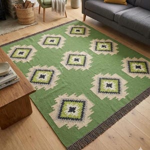 Green wool jute Kilim Rug Handwoven, Boho Diamond Pattern Area Southwestern Flatweave Geometric Floor Rug