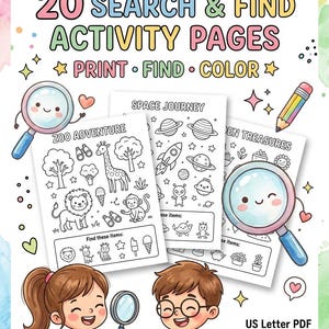 May include: A digital collection of 20 search and find activity pages titled FindAndColorCo. The set includes black and white coloring sheets with themes like Zoo Adventure, Space Journey, and Hidden Treasures, featuring illustrations of animals, planets, and objects, alongside a magnifying glass and pencil graphic.
