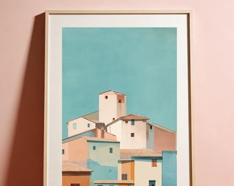 DAS DORF III - Mediterranean Village Tower – Minimalist Mid-Century Coastal Architecture Poster