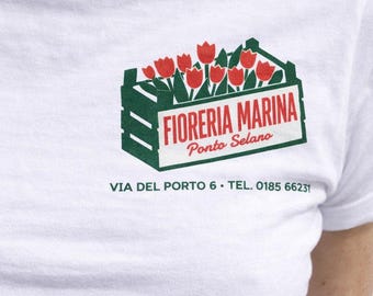 FIORERIA MARINA T-Shirt – 60s Italian Florist Logo, Coastal Graphic, Retro Mid Century Back Print