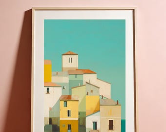 DAS DORF II - Minimalist Mediterranean Alley Poster – Mid-Century Riviera Architecture Print in Soft Pastel Colors
