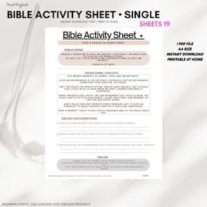 May include: A printable Bible activity sheet with the title "Bible Activity Sheet • Single" and the text "God's Peace in Hard Times." The sheet includes a Bible verse, devotional thought, reflection questions, and a prayer. It is available as a PDF, A4 size, and printable at home.