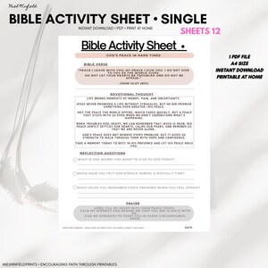 May include: A printable Bible activity sheet with the title "Bible Activity Sheet • Single" and the text "God's Peace in Hard Times." Includes a Bible verse, devotional thought, reflection questions, and a prayer. The sheet is available as a PDF.