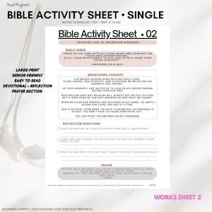 May include: A printable Bible activity sheet titled "Bible Activity Sheet • 02" with the theme "Trusting God in Uncertain Moments." Features Bible verses, devotional thoughts, reflection questions, and a prayer. Includes the text "Instant Download • PDF • Print at Home."