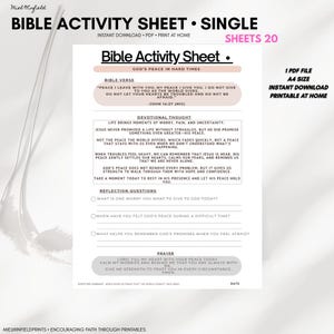 May include: A printable Bible activity sheet with the title "Bible Activity Sheet • Single" and the text "God's Peace in Hard Times." The sheet includes a Bible verse, devotional thought, reflection questions, and a prayer. The sheet is designed to be printed at home.