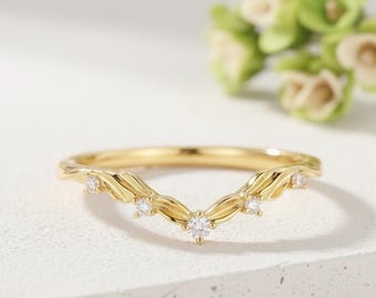 Anello nuziale a foglia curva in oro rosa 14k, anello a forma di vite, anello con contorno di diamanti, anello impilabile ispirato alla natura, set da sposa abbinato