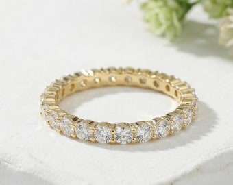 Anello dell'eternità con griffe a bolla da 2 mm, anello nuziale in oro 14k con diamanti, anello impilabile minimalista, anello dell'eternità completo, anello di promessa delicato