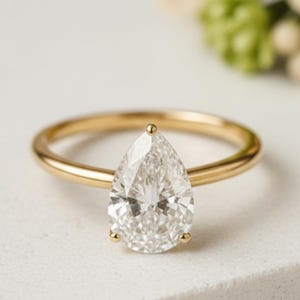Pear Cut Engagement Ring Moissanite Solitaire, 14k Gold Teardrop Ring, Minimalist Wedding Ring, Promise Ring for Her, Bridal Jewelry
