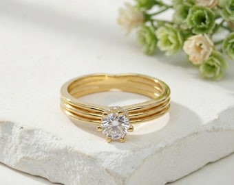 Triple Band Engagement Ring Split Shank Round Solitaire 9K Gold Wide Band Ring 0.50 CT Moissanite Statement Ring Unique Wedding Ring Chunky