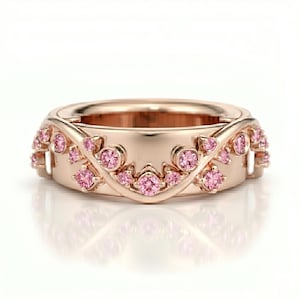 Op de afbeelding: Een roségouden ring met een reeks kleine, ronde, roze edelstenen gezet langs een gebogen, rankachtige metalen structuur die rond het midden van de band loopt. De ring heeft een gepolijste metalen afwerking en een symmetrisch ontwerp.