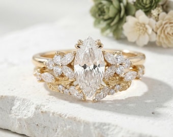 Set da sposa in oro Marquise, set da sposa in stile vintage, anello con vite e foglia, anello di fidanzamento da favola, set di anelli floreali unici, regalo romantico