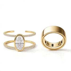 Bague Oura 5, sertie d'une moissanite « Nuit étoilée » de 2,5 microns, en vermeil 9 carats, monture ovale à anneau fendu, accessoire connecté pour le fitness et bijou de luxe.