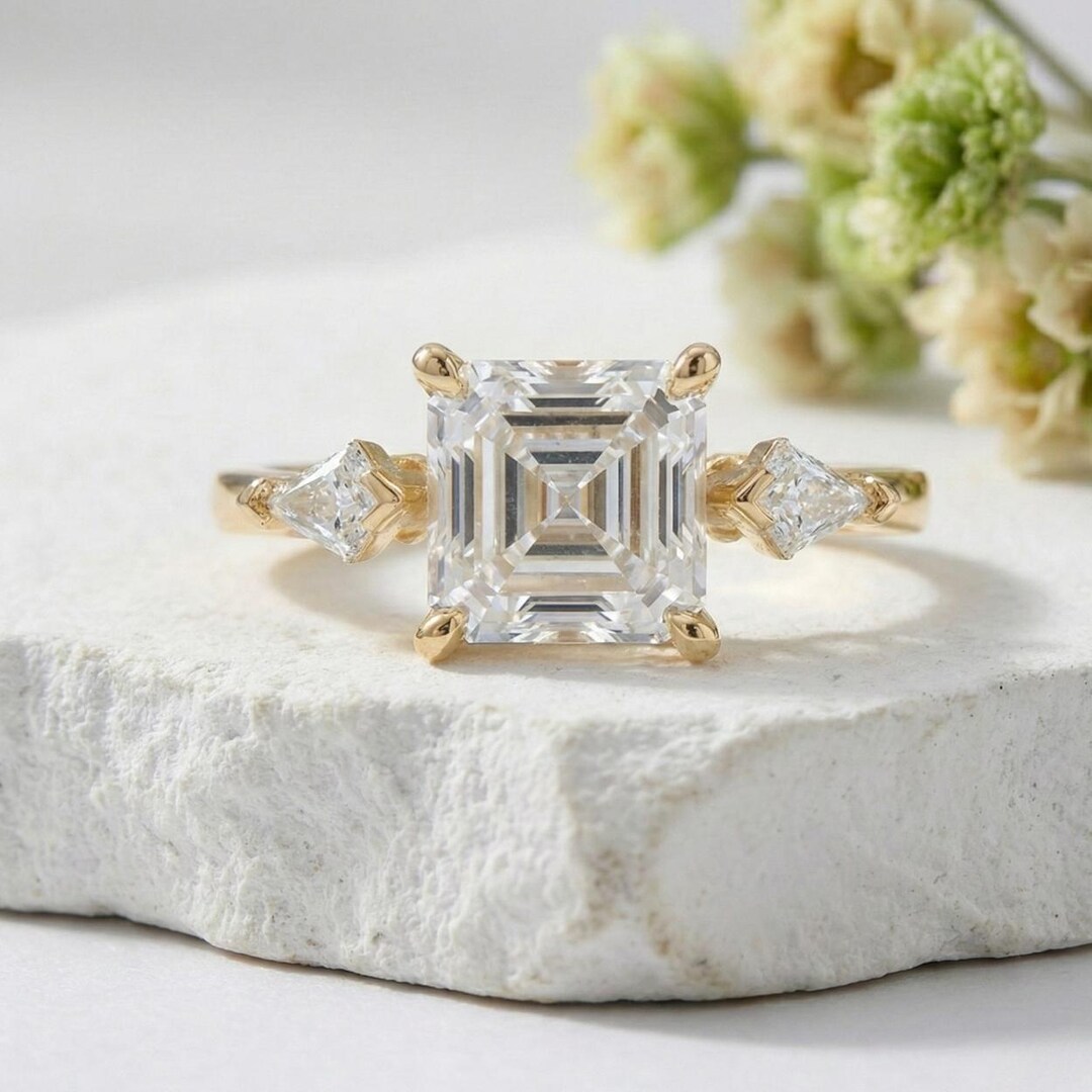 Step Cut Riing 3 CT Asscher Cut Engagement Ring Kite Side Stones 14k Gold Geometric ...
