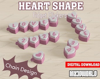 Personalizza il Fidget Clicker in stile catena a cuore da 1 a 7 lettere – File STL/3MF (solo download digitale)