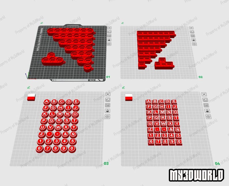 Pu&ograve; includere: Un set di lettere dell'alfabeto, numeri e forme rosse stampate in 3D. L'immagine mostra varie disposizioni dei pezzi, tra cui una grande forma a lettera 'K' e un set completo di alfabeto. Il testo "MY3DWORLD" &egrave; visibile.