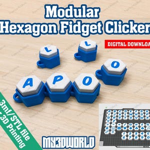May include: Modular Hexagon Fidget Clicker digital download 3mf/stl file for 3D printing. The set includes blue and white hexagonal pieces with blue letters A, P, O, L, and O. A grid shows various letters, numbers, and symbols for printing.