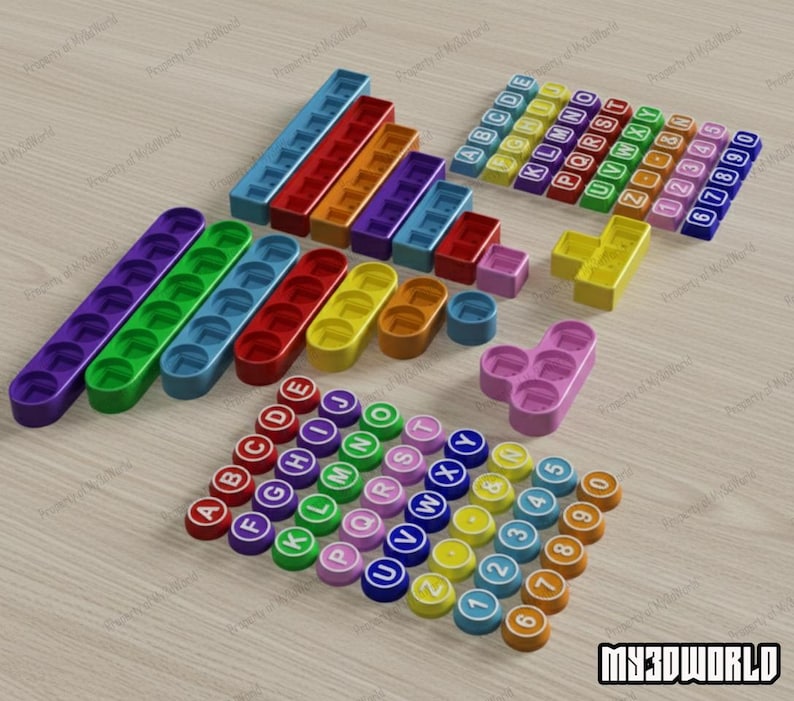 Pu&ograve; includere: Un colorato set di giocattoli educativi con blocchi di lettere e numeri, barre colorate abbinate e altre forme geometriche. Il testo "MY3DWORLD" &egrave; visibile.