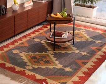 Handwoven Wool Jute Kilim Rug, Vintage Tribal Design, Boho Decor