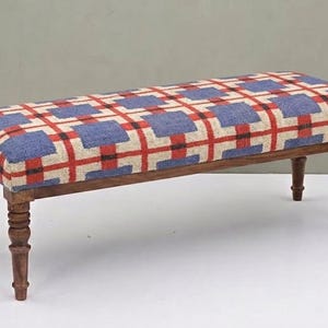 Solid Wood Upholstered Bench, Vintage Style Indian Bench for Living Room, Handwoven Jute Fabric Footstool, Entryway Furniture I