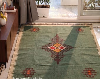 Handwoven Wool Jute Kilim Rug, Bohemian Geometric Floor Decor