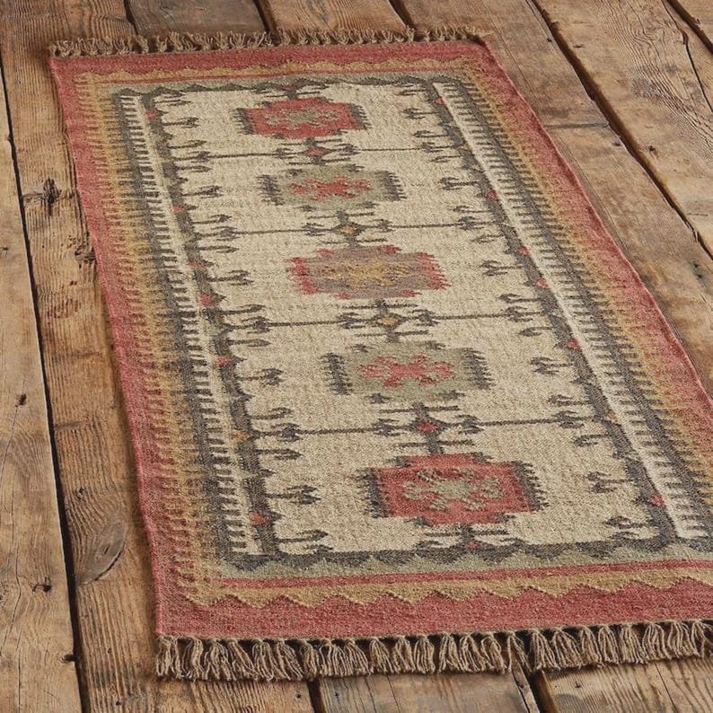 Vintage Wool Jute Kilim Rug – Handwoven Indian Dhurrie, Custom Size Traditional Area Carpet