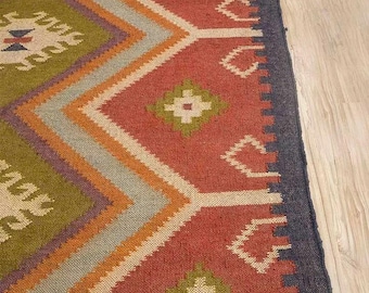 Handwoven Wool Jute Kilim Rug, Bohemian Geometric Dhurrie