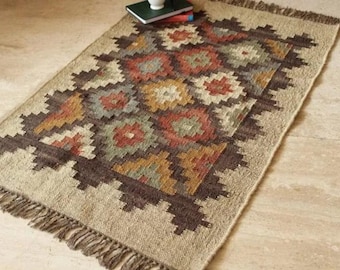 Handwoven Wool Jute Kilim Rug, Multicolor Boho Decor, Custom Size