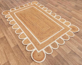 Alfombra con borde festoneado, alfombra de yute con borde ondulado festoneado, alfombra de yute natural, alfombra de yute trenzada, alfombra de yute estilo boho, alfombra cuadrada festoneada, alfombra de tamaño personalizado